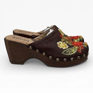 Y2K MUDD Chunky Platform Mules Brown Suede Floral Beaded Embroidered  8.5
